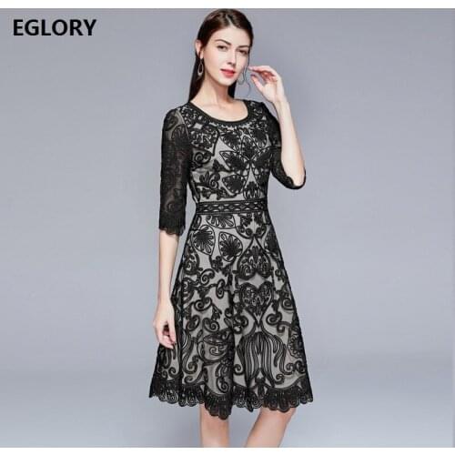 Formal Party Vestido 2020 Spring Summer 1950s Style Women Allover Appliques Embroidery Half Sleeve Black Wine Red Dress Festival