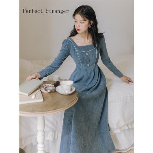 2020 Autumn Winter New Arrival Retro Square Collar Stripe Long Sleeve Woman Velvet Long Dress
