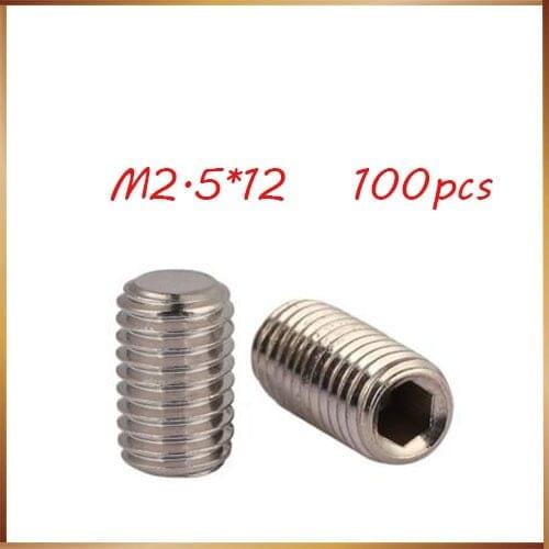 100Pcs DIN913 M2.5*12mm 304 Stainless Steel Metric Thread Grub Screws Flat Point Hexagon Socket Set Screws Headless M2.5x12 mm
