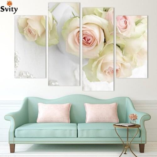 2015 Hot Sell 4 panel white rose Flower Large HD Picture Modern Home Wall Decor Canvas Print Painting For House Decorate