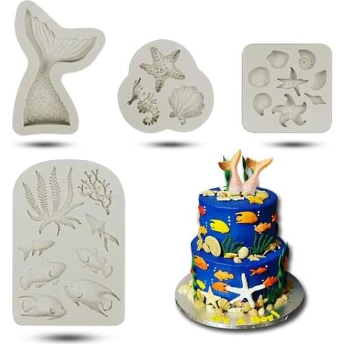4 Pieces Under the Sea Cake Decorations Mermaid Tail Seashell Seahorse Seaweed Fish Starfish Coral Conch Silicone Mold