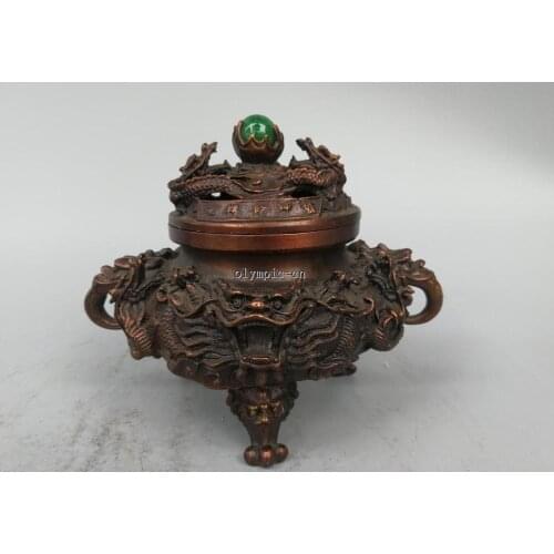 9'' Red Bronze carved chinese folk believe philosophy Nine Dragon incense burner