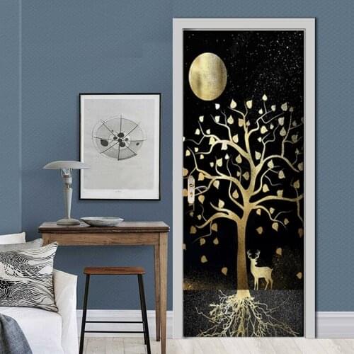 Abstract Fortune Tree Elk Door Sticker PVC Waterproof Self-adhesive Wallpaper Living Room Door Decor Decals Mural Wall Stickers