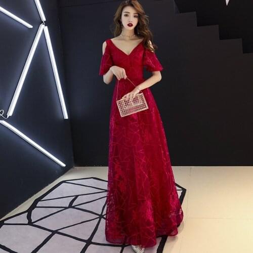 Burgundy Deep V-Neck Special Occasion Dresses Embroidery Pleat A-Line Short Sleeves Floor-Length Lady Formal Party Gown E1070