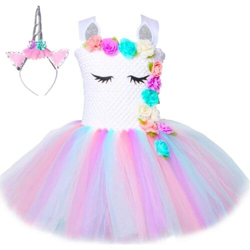 Flower Girls Unicorn Tutu Dress Pastel Rainbow Princess Girls Birthday Party Dress Children Kids Halloween Unicorn Costume 1-14Y