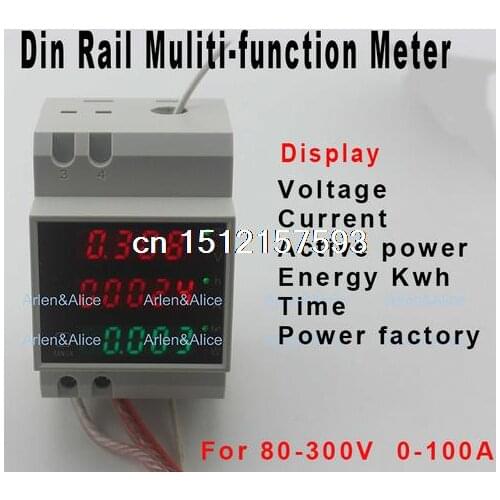 Din rail LED AC 80-300V 0-100.0A voltmeter ammeter display active power and power factor time Energy meter voltage current