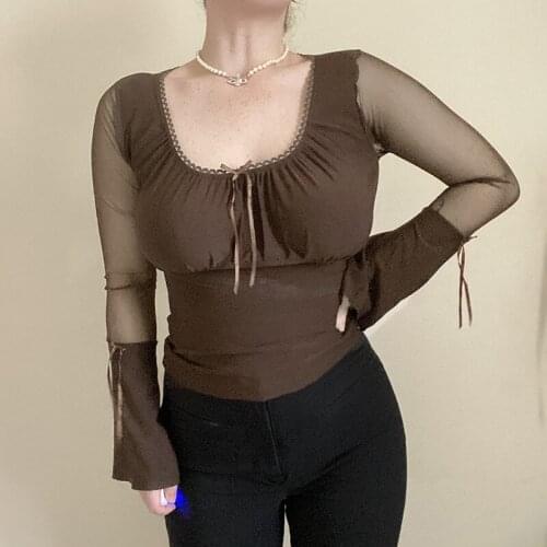 Long Flare Sleeve T-shirts 2021 Sexy Women O-neck Lace-up Bow Slim Crop Tops Mesh Sheer See Through Patchwork T-shirt