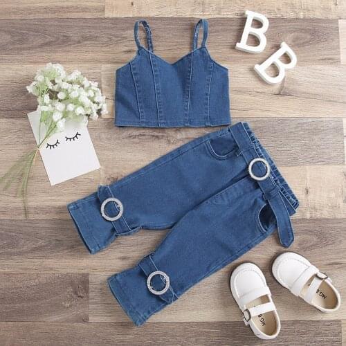 2021 Fashion Summer Girls Clothes Sets Denim Blue Toddler Spaghetti Strap V-neck Tank Top Jeans with Buckle Pocket 2pcs Outfits