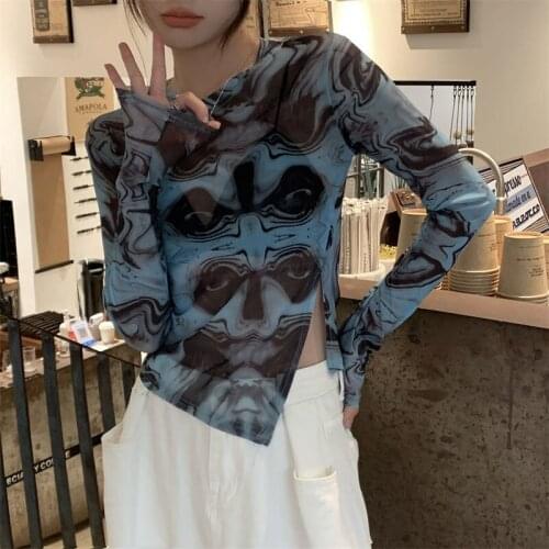 Hot Girl Blooming Gauzy Sun Protection Clothing Female 2021 Summer New Short Design Sense Niche Side Slit Long Sleeve T-shirt