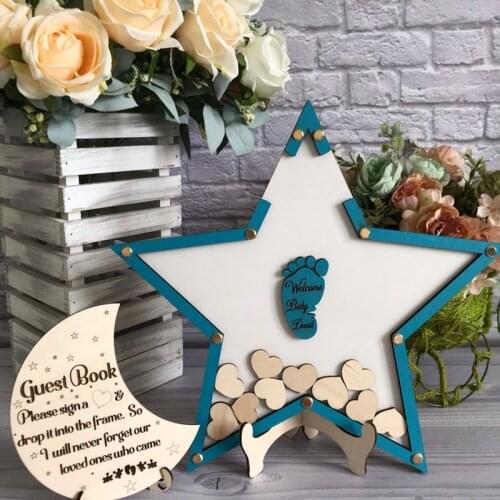 Baby Shower Guest Book With Stars Drop Top Box,Personalized Wooden Baby Birthday Guest Book Alternative,Engraved First Birthday