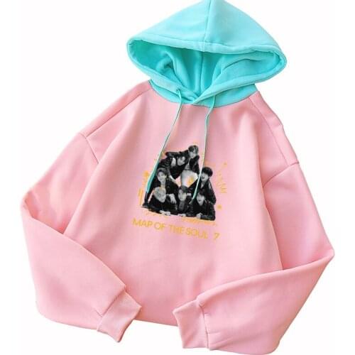 MAP OF THE SOUL:7 Hoodie Women Korean Bangtan Boys Sweatshirt Casual Contrast Color Stitching Fleece Sudaderas Tops Kpop Clothes