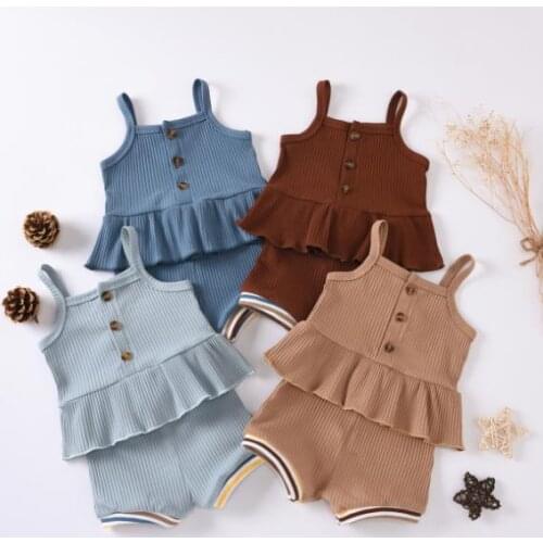 Baby Girls 2 PCS Outfit Set Solid Color Sling Ruffle Sling Buttons Top Short Drawing Straps Elastic Baby Clothes Set
