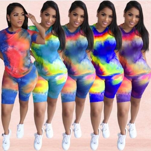 Summer Tie Dye 2 Pieces Tracksuit Sportwear Short Sleeve O Neck Top Shirt and Biker Shorts Women High Street Outfit Streetwear