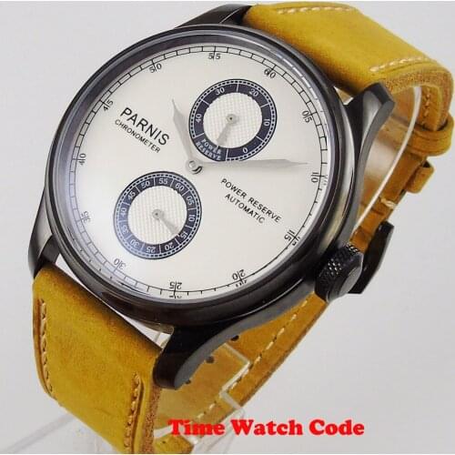 PARNIS 43mm Automatic Mens Wristwatch White dial PVD Coated Power Reserve black Mens watch leather strap buckle multi dial