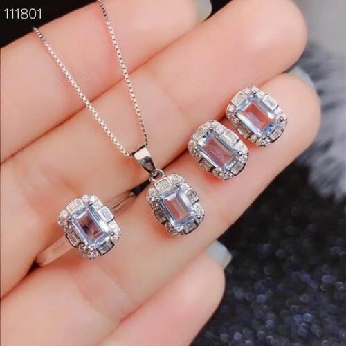 New Coming 100% Natural and Real Aquamarine jewelry set 925 sterling silver 1pc pendant,1pc ring ,2pcs Earring