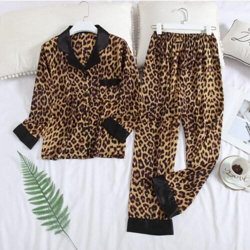 Sexy Female Leopard Satin Sleepwear Spring Autumn Printed Rayon Women Pajamas Long Sleeve Home Suit Two Piece Set Nightwear