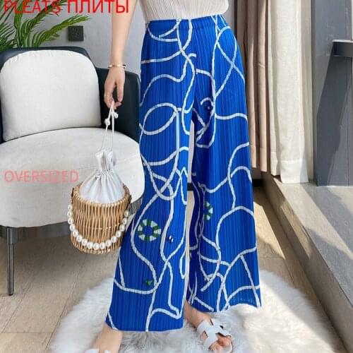 Miyake Fold New Beach Pants Fashion Printed Straight Pants Loose High Waist Cropped Pants Summer PLEATS Ropa Mujer Oggers