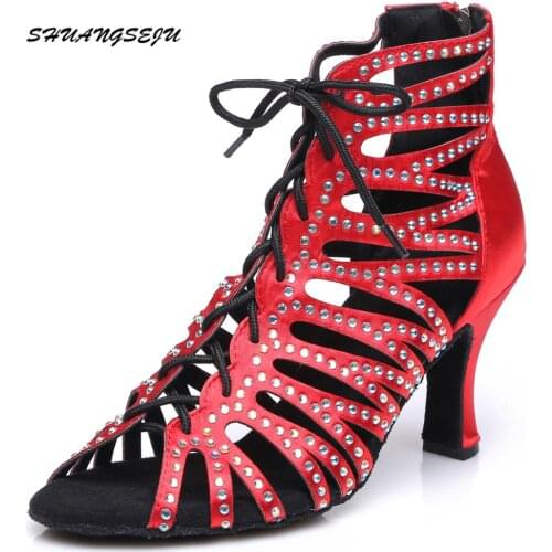 Professional Women Latin dance shoes Female Girl Ladies tango Ballroom sandal salsa samba Satin+RhinestoneSexy Party Heeled 6-10