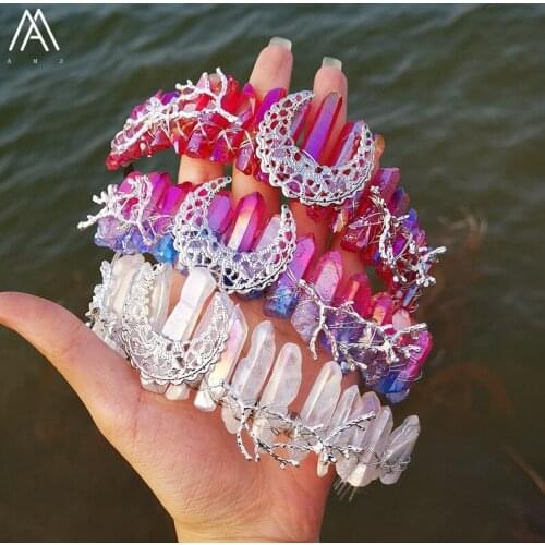 Wire Wrapped Moon Tree Branch Witch Crowns Tiara Colorful Quartz Crystal Crowns Headband For Bridal Wedding Hair Luxury Jewelry