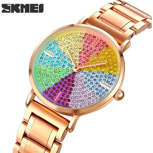 SKMEI Womens Quartz Watch Colorful Rhinestone Female Hand Clock Fashion Luxury Waterproof Wristwatches Gift For Lady Girl 1811