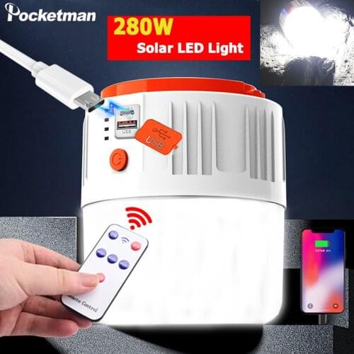 280W Solar LED Camping Light USB Rechargeable Bulb For Outdoor Tent Lamp Portable Lanterns Emergency Lights For BBQ Hiking
