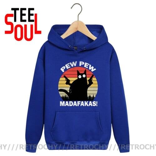 Funny Anime Cat With Gun Meme Retro Humor Sweatshirts & Hoodies Black Cat Pew Pew Madafakas Hoodie New Trend Fleece Pocket Hoody
