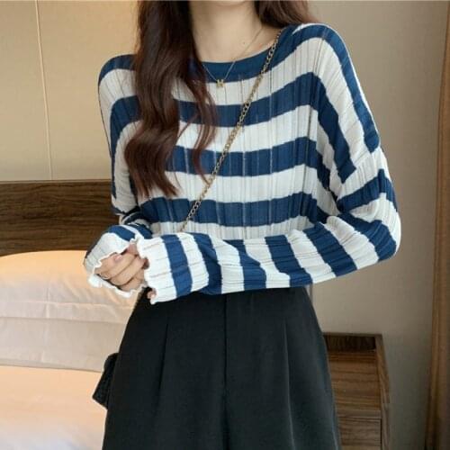 Thin Knitted Sweater Ladies Autumn Winter New Loose Short Pullovers Female Long Sleeved Black And White Striped Womens Top