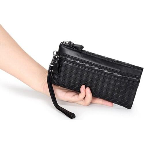 High Quality Genuine Leather Womens Wallets and Purses 2021New Sheepskin Leather Money Bags Weave Card Holder Long Cash Pocket