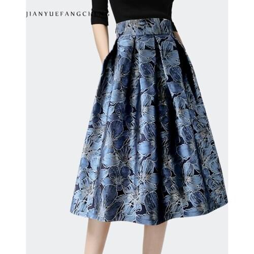 Vintage Blue Jacquard Mid-Length Skirt Womens 2021 Autumn New High Waist A-Line Swing Pleated Skirt Plus Size Umbrella Skirts