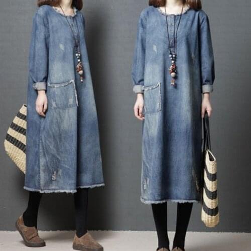 Korean Women Plus Size Cotton Denim Long Sleeve Dress Casual Vintage Loose Split Midi Jean Dresses Robe Tunic Vestidos Kaftan