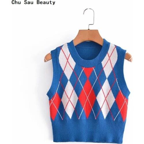 2021 Womens Fashion O-Neck Diamond Pattern Knitted Waistcoat Sweater Spring&Autumn Ladies Za New Retro Chic Blue Slim Top