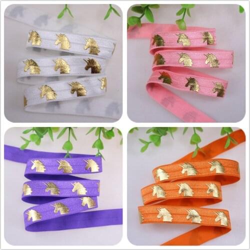 5/8" 16mm gold foil unicorn printed foe fold over elastic ribbon,50 yards per lot