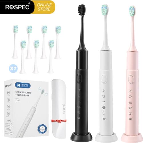 Rospec Sonic Electric Toothbrush Cordless USB Rechargeable Household Toothbrush 5 Mode Waterproof Charger Replacement Heads Set