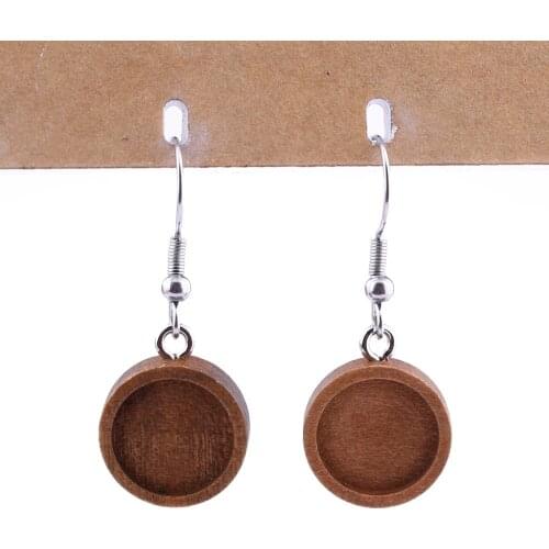 Reidgaller 10 pairs blank earring base 12mm dia wood cabochon settings diy stainless steel hooks findings for jewelry making