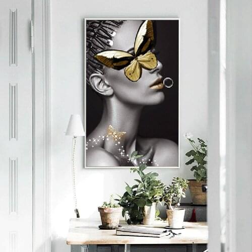 Abstract Wall Art Pictures Fashion Woman BGutterfly Black Gold And Black Modern Home Canvas Painting Beauty Decortion Poster