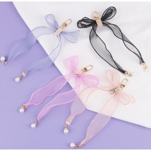 Cute Sweet Girls' Keychains Trendy Candy Color Lace Ribbon Bowknot Pearl Pendant Car Keys Bag Backpack Decor for Airpods case