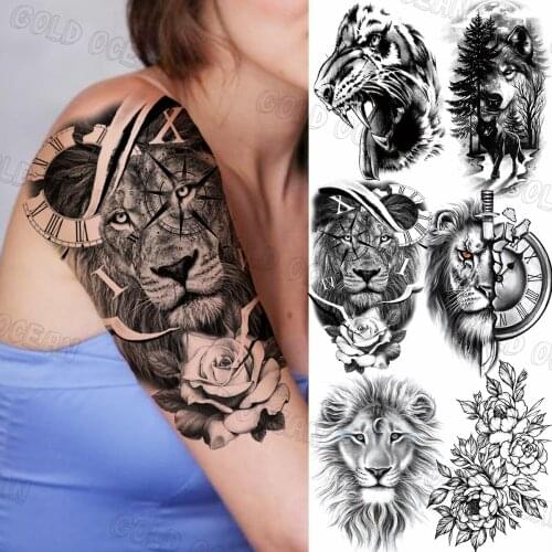 Black Lion Compass Flower Temporary Tattoos For Women Men Lion Wolf Forest Big Animals Fake Tattoo Sticker Sexy Arm Tatoo Back