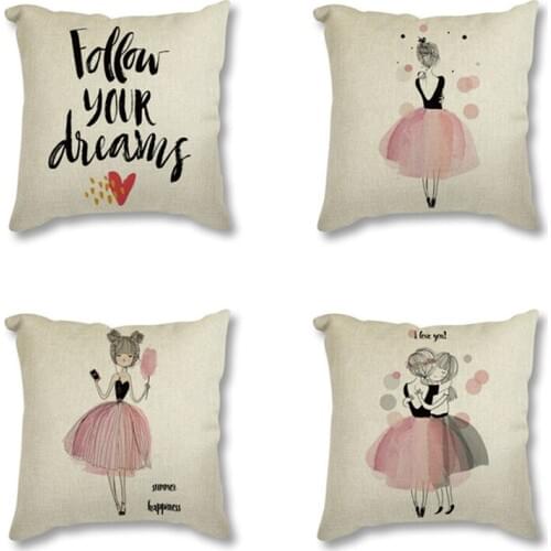 Nordic Style Throw Pillow 45x45cm Seat Cushion For Sofa Watercolor Kawaii Cartoon Girl Printed Decorative Cushion Home Decor