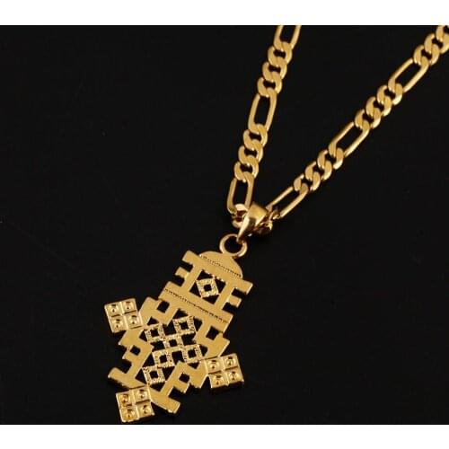 Ethiopian Gold Color Coptic Cross Pendant Necklace African Wedding Ethiopie Jewelry