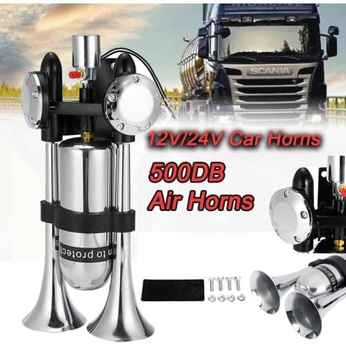 500DB Dual Trumpet Electric Horn Loud Chrome Air Horn Speaker Kit 12V/24V With Air Compressor For Train Truck Lorry Horns