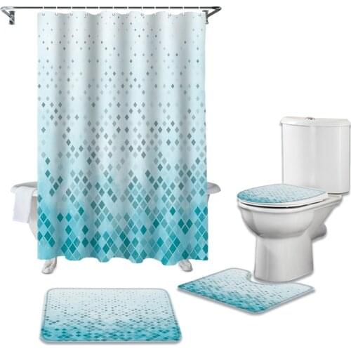 Geometric Rectangle Cyan Gradient Retro Shower Curtain Sets Non-Slip Rugs Toilet Lid Cover and Bath Mat Bathroom Curtains Set