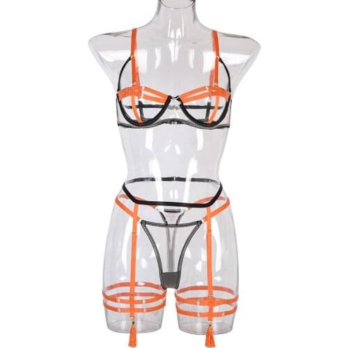 Women Sexy Three-piece Lingerie Set, Orange Underwear, T-shaped Panties and Suspender Garter