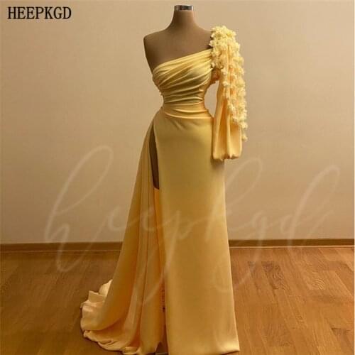 Little Yellow One Shoulder Arabic Prom Dresses High Slit Long Sleeve Sexy Evening Gowns With Flowers Plus Size Formal Dress