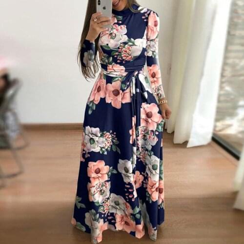 Fashion Boho High Neck Belt Floor Dress Women 2020 Autumn Short/Long Floral Maixi Dress Elegant Party Dresses Plus Size Vestidos