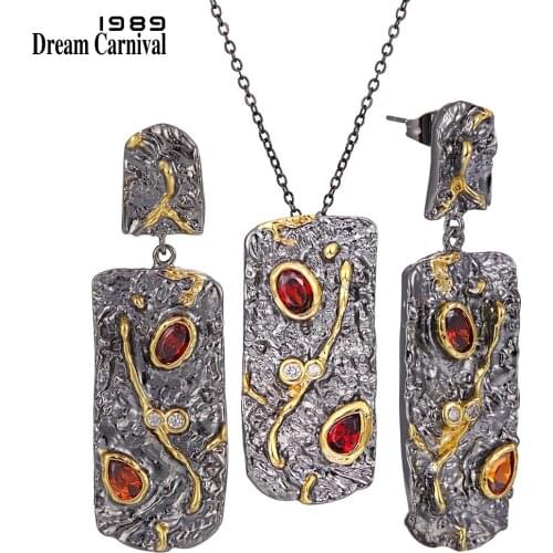 DreamCarnival1989 New Arrive Long Pendant Necklace Earrings Set Women Black Gold Vintage Red Water Drop Zircon Jewelry EP3989S2