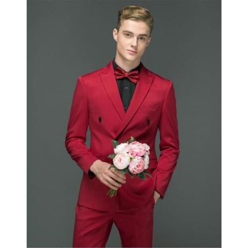 New Fashion Double Breasted Red Groom Tuxedos Groomsmen Peak Lapel Mens Suits Blazers (Jacket+Pants+Tie) W:796