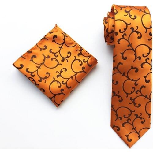 New Design Men Necktie Set Golden Yellow Paisley Ties with Big Size Pocket Square