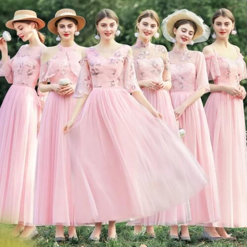 Embroidery Bridesmaid Dresses Summer A-Line Host Meeting Wedding Gray Pink Champagne Elegant Mesh Party Women Vestidos