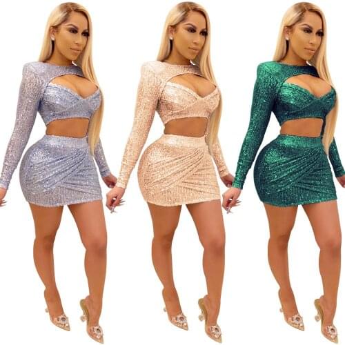 Sexy sequins Skirt Set Hollow Out Long Sleeve Crop Top + Mini Dress Party Night Clothes For Women Solid 3 color