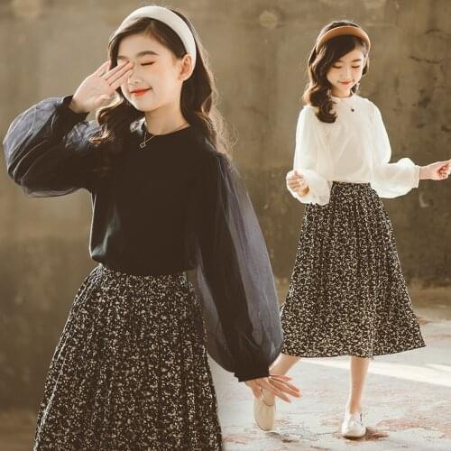 10 12 years Kids Girls Tops Teennage Elegant Black White Bubble Sleeves Girls Shirts 2021 Spring Autumn New